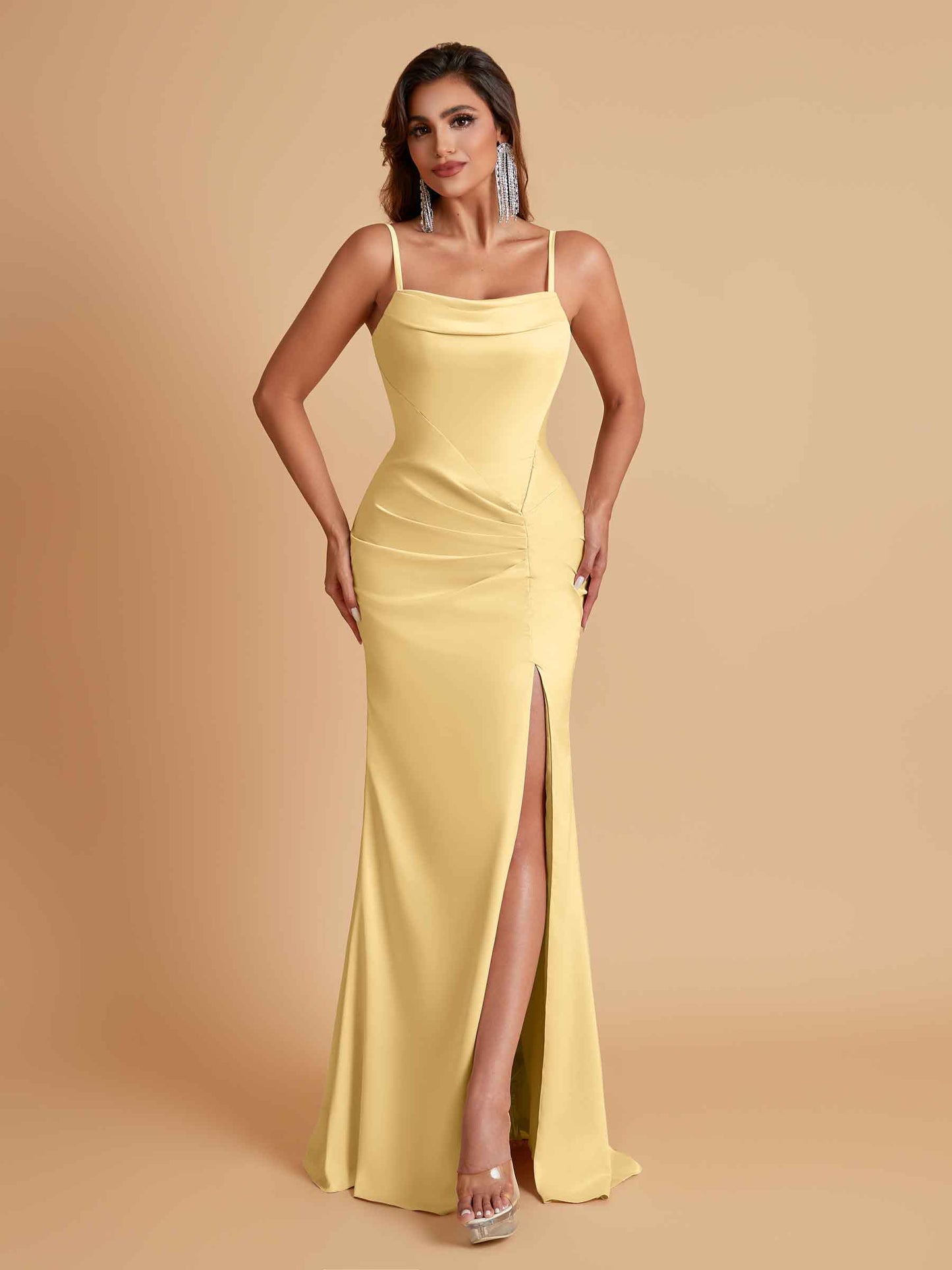 Gorgeous Spaghetti Straps Soft Satin Side Slit Floor-Length Mermaid Bridesmaid Dresses