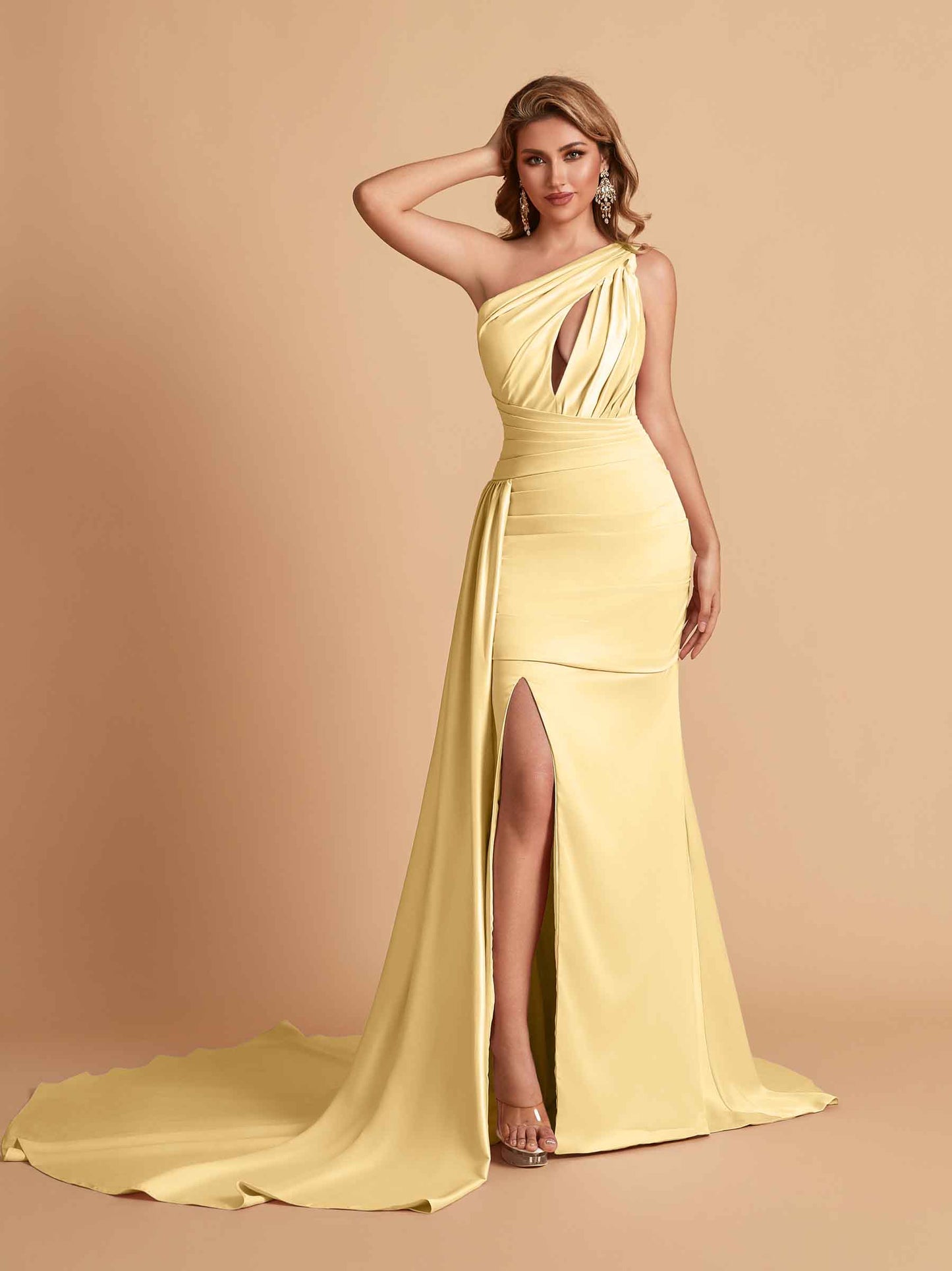 Sexy Satin Mermaid One Shoulder Side Slit Long Bridesmaid Dresses