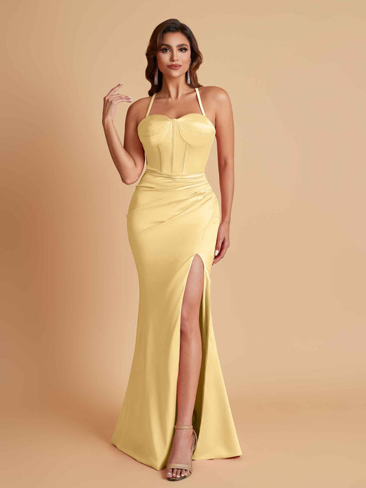 Sexy Soft Satin Mermaid Spaghetti Straps Side Slit Floor-Length Bridesmaid Dresses