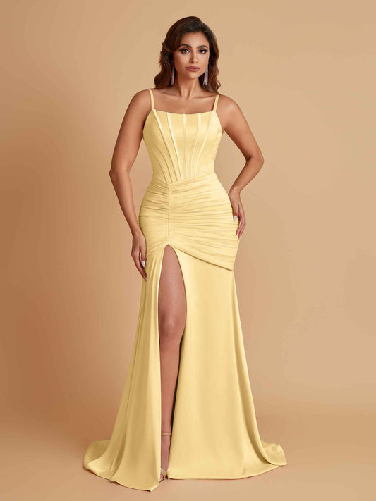 Sexy Soft Satin Mermaid Spaghetti Straps Side Slit Floor-Length Bridesmaid Dresses
