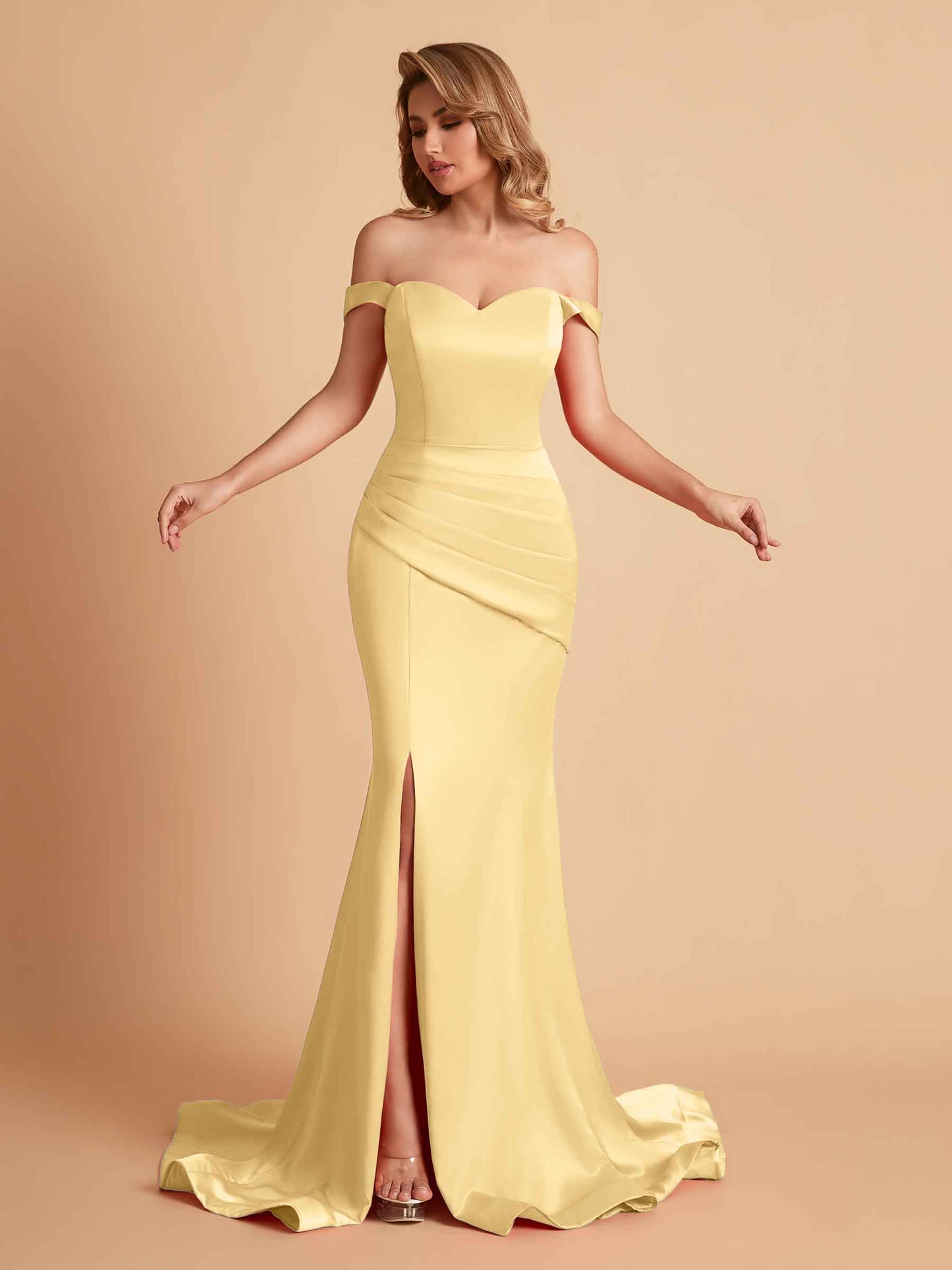 Elegant Satin Off the Shoulder Mermaid Side Slit Floor Length Bridesmaid Dresses
