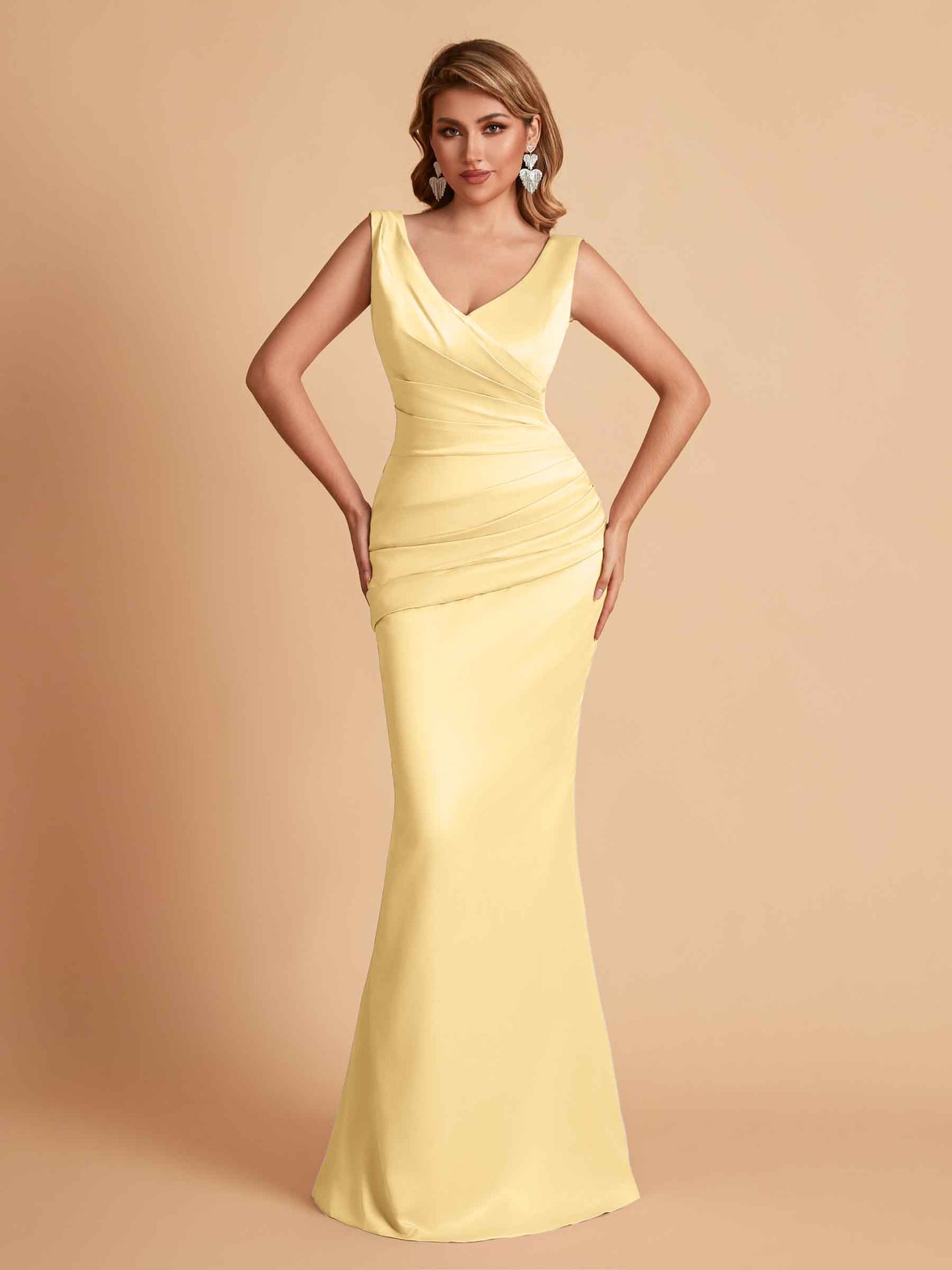 Elegant Satin V-neck Sleeveless Mermaid Floor Length Bridesmaid Dresses