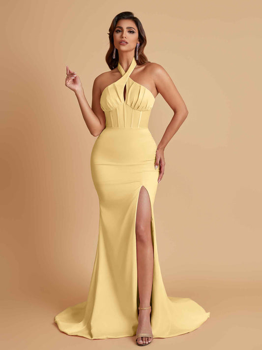 Elegant Soft Satin Mermaid Halter Side Slit Floor-Length Bridesmaid Dresses Online