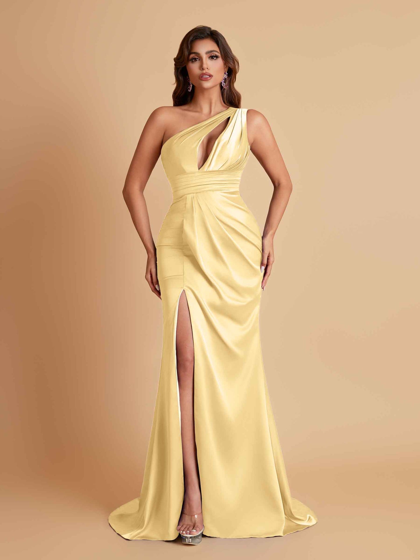 Sexy One Shoulder Soft Satin Side Slit Floor-Length Mermaid Bridesmaid Dresses