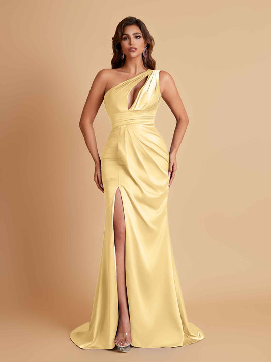 Sexy One Shoulder Soft Satin Side Slit Floor-Length Mermaid Bridesmaid Dresses