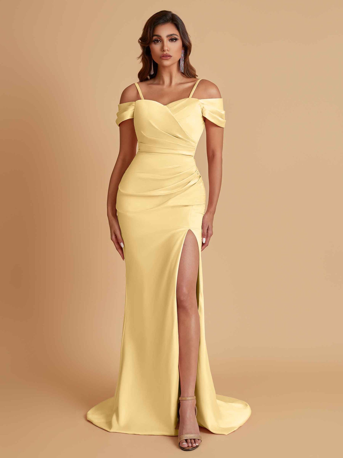 Sexy Soft Satin Mermaid Cold Shoulder Side Slit Floor-Length Bridesmaid Dresses Online