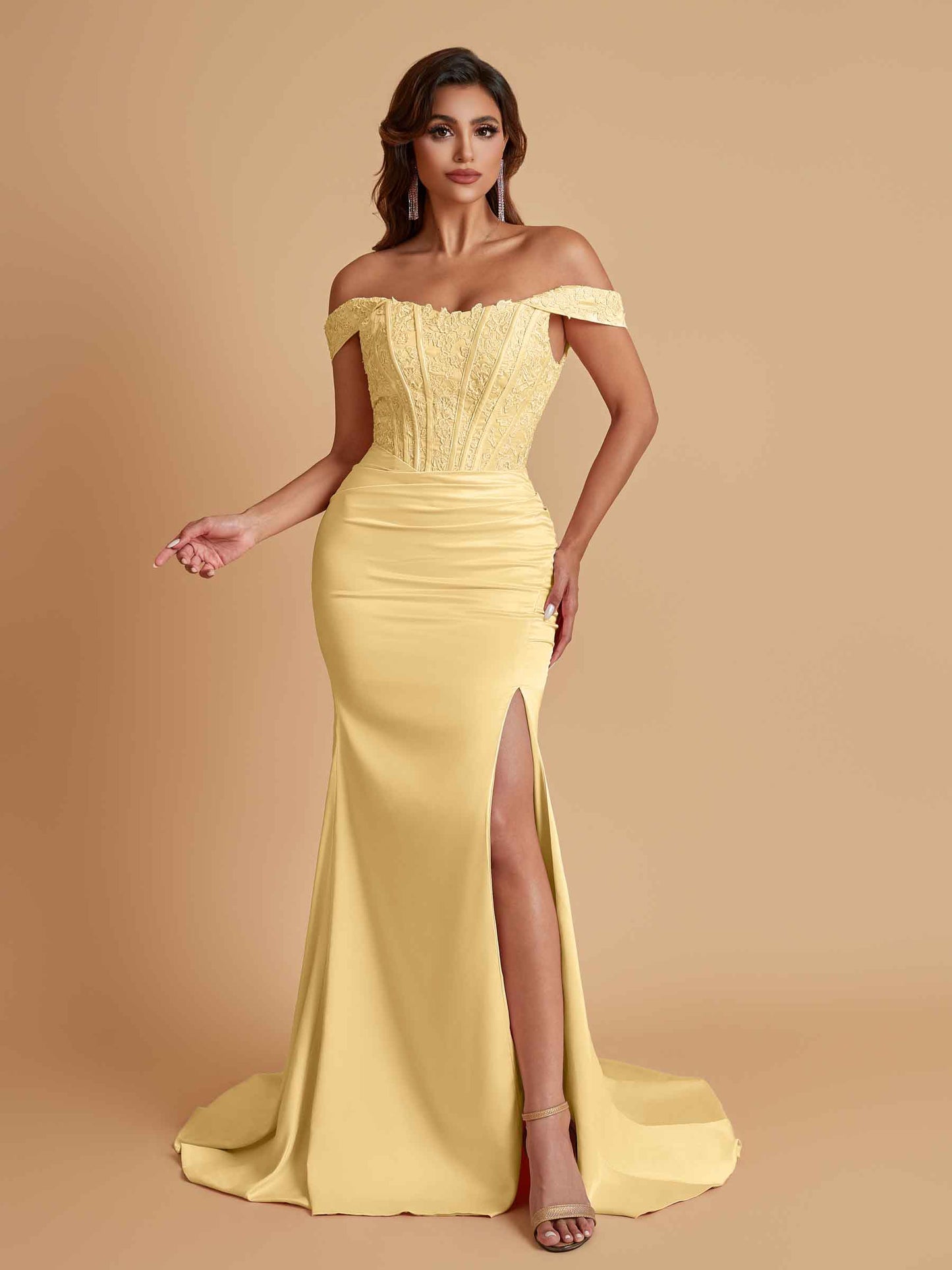Elegant Soft Satin Mermaid Off Shoulder Side Slit Floor-Length Mermaid Bridesmaid Dresses