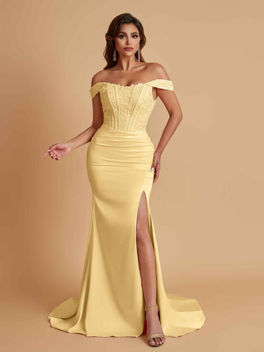Elegant Soft Satin Mermaid Off Shoulder Side Slit Floor-Length Mermaid Bridesmaid Dresses