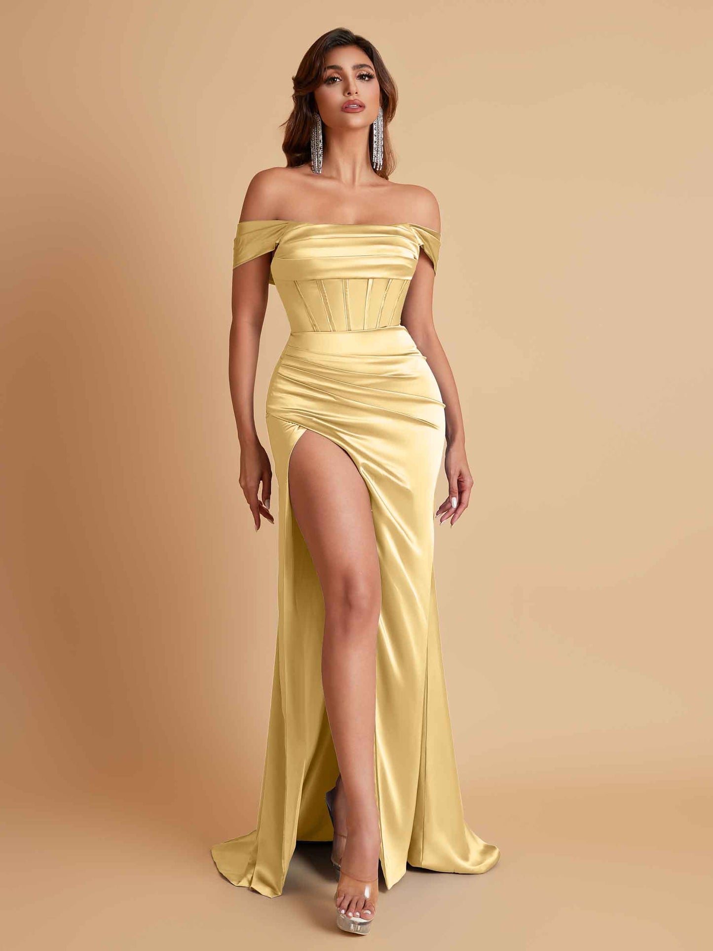 Sexy Off the Shoulder Soft Satin Side Slit Floor-Length Mermaid Bridesmaid Dresses