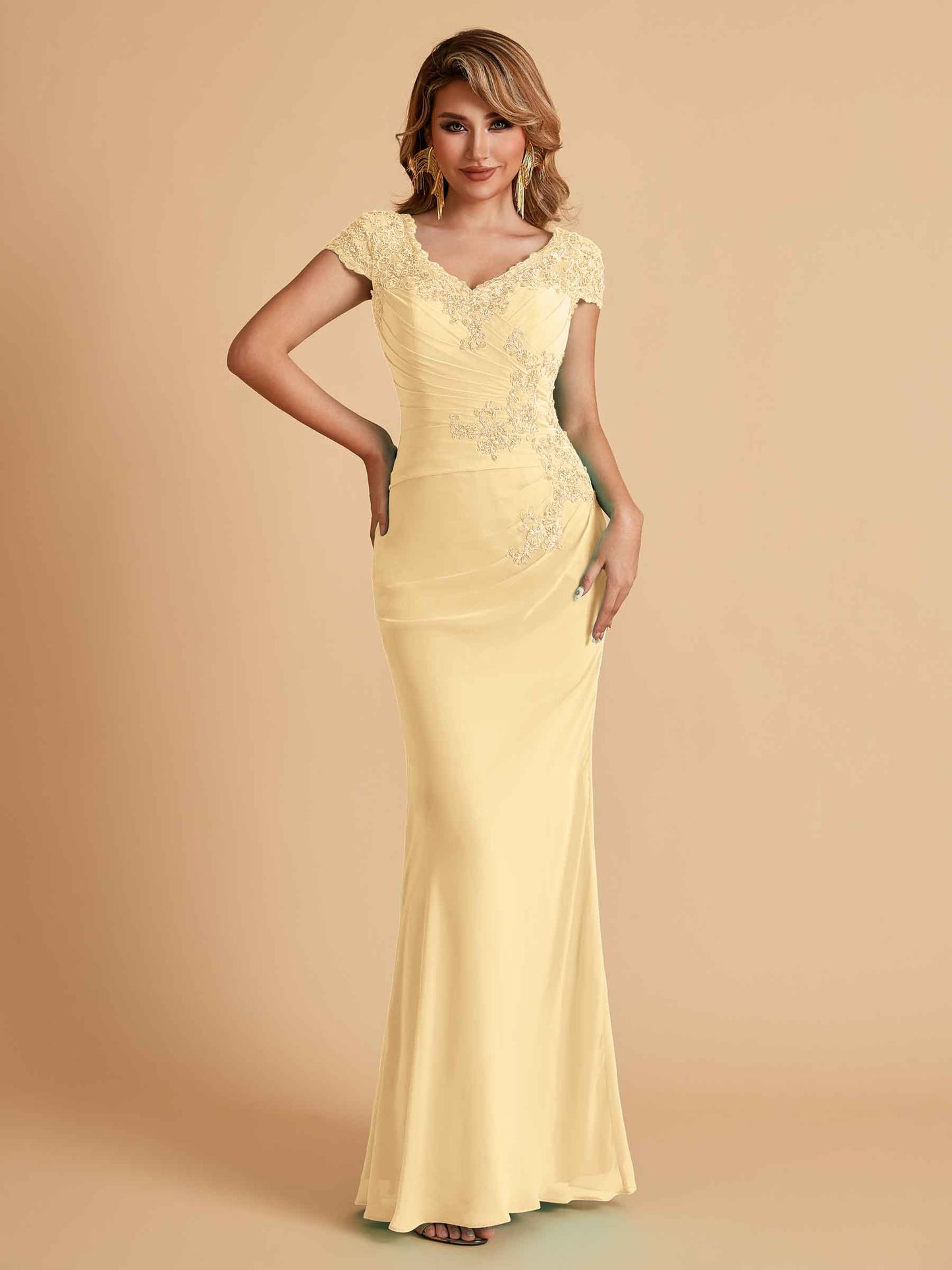 Elegant Mermaid Chiffon Cap Sleeves V-Neck Mother of the Brides Dresses Online