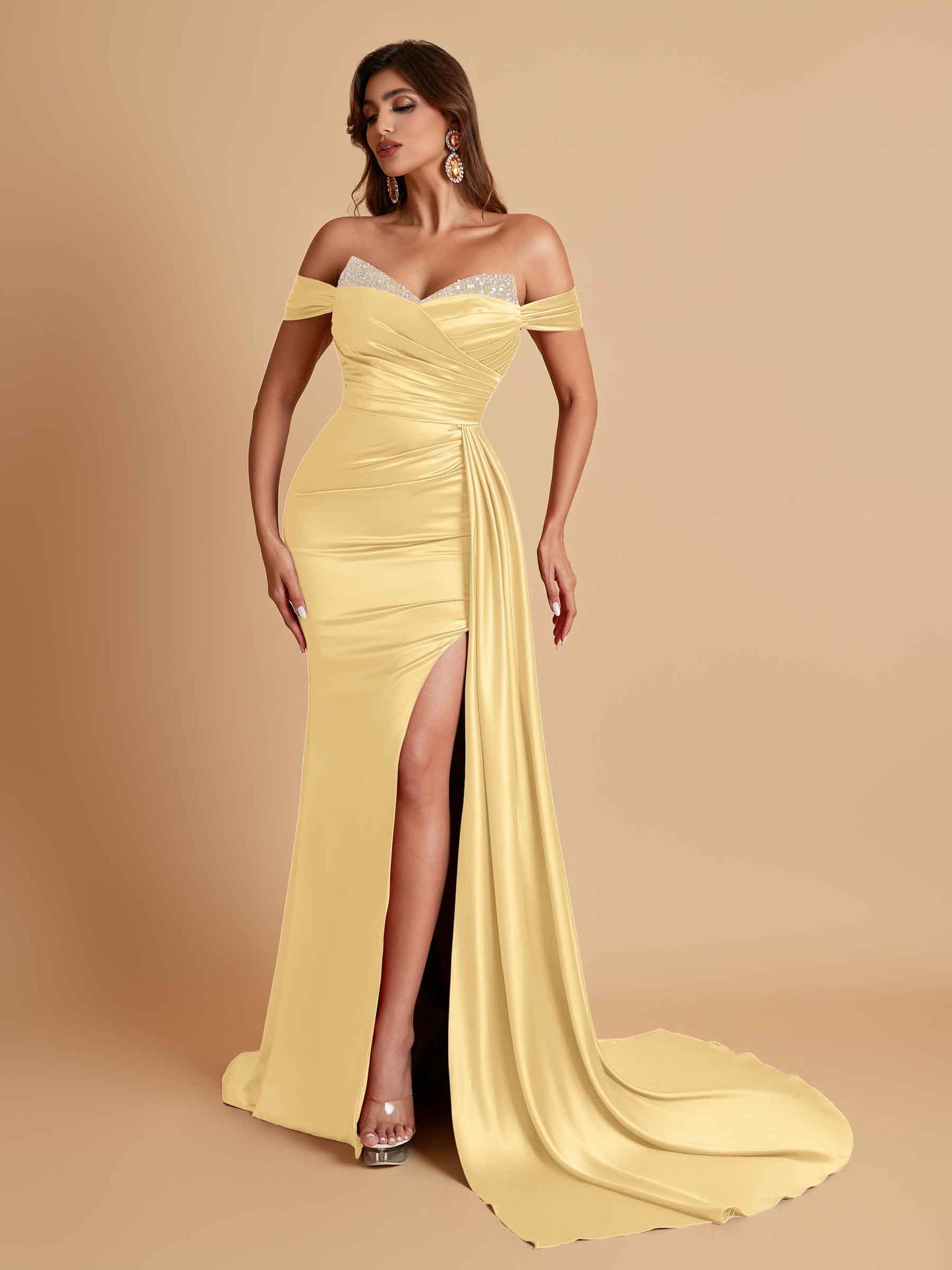 Gorgeous Soft Satin V-neck Off-the-Shoulder Side-Slit Mermaid Bridesmaid Dresses