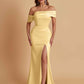 Elegant Soft Satin Mermaid Off Shoulder Asymmetrical Side Slit Floor-Length Bridesmaid Dresses