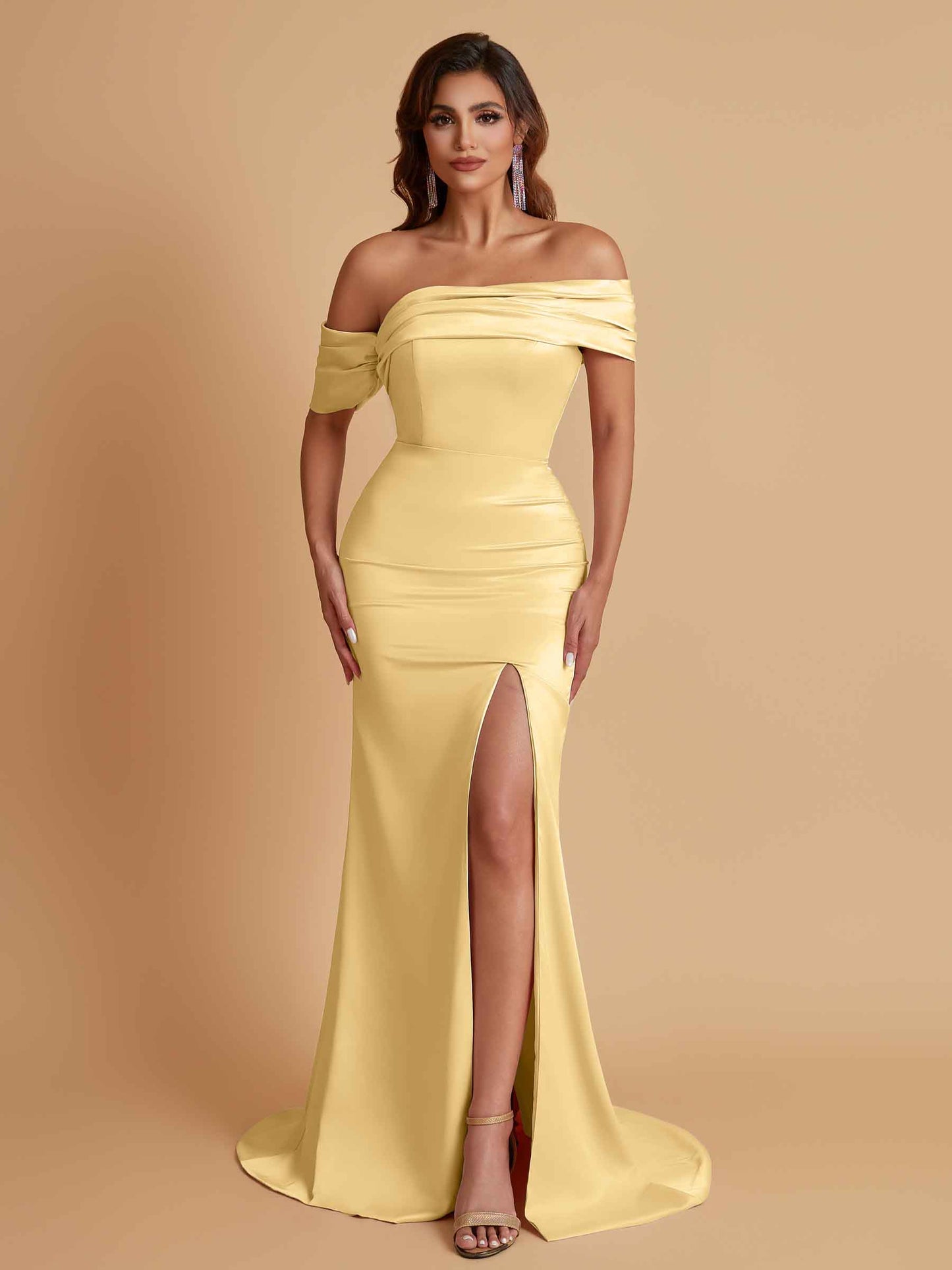 Elegant Soft Satin Mermaid Off Shoulder Asymmetrical Side Slit Floor-Length Bridesmaid Dresses