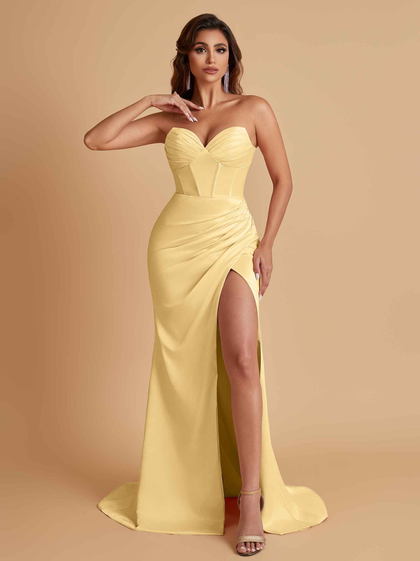Elegant Soft Satin Mermaid V-neck Side Slit Floor-Length Bridesmaid Dresses Online