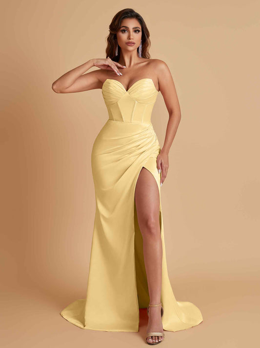 Elegant Soft Satin Mermaid V-neck Side Slit Floor-Length Bridesmaid Dresses Online