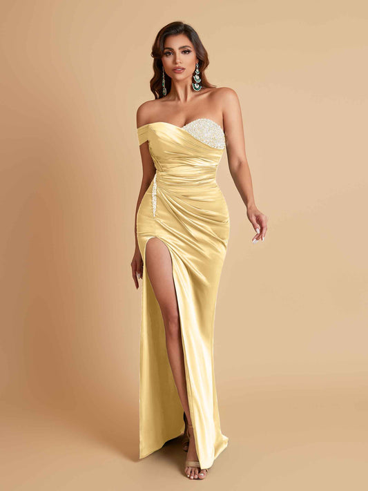 Sexy Soft Satin Mermaid One Shoulder Side Slit Floor-Length Mermaid Bridesmaid Dresses