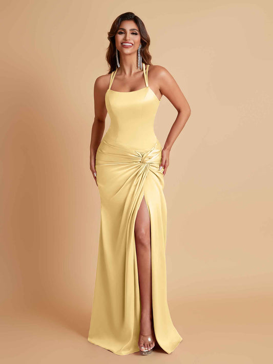 Gorgeous Square Criss Cross Soft Satin Side Slit Floor-Length Mermaid Bridesmaid Dresses