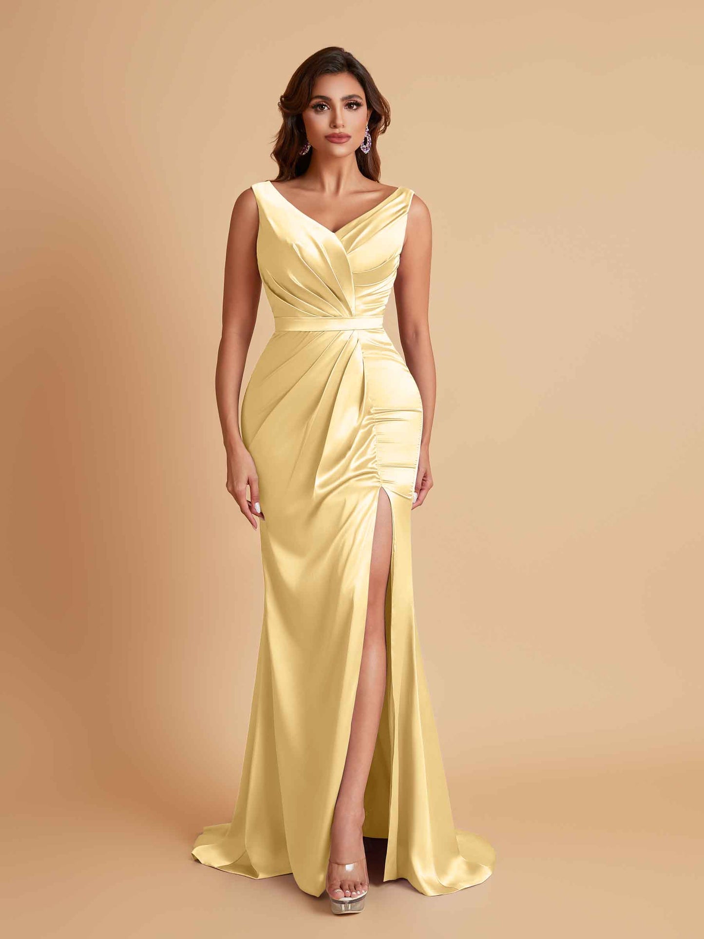 Elegant V Neck Soft Satin Side Slit Floor-Length Mermaid Bridesmaid Dresses