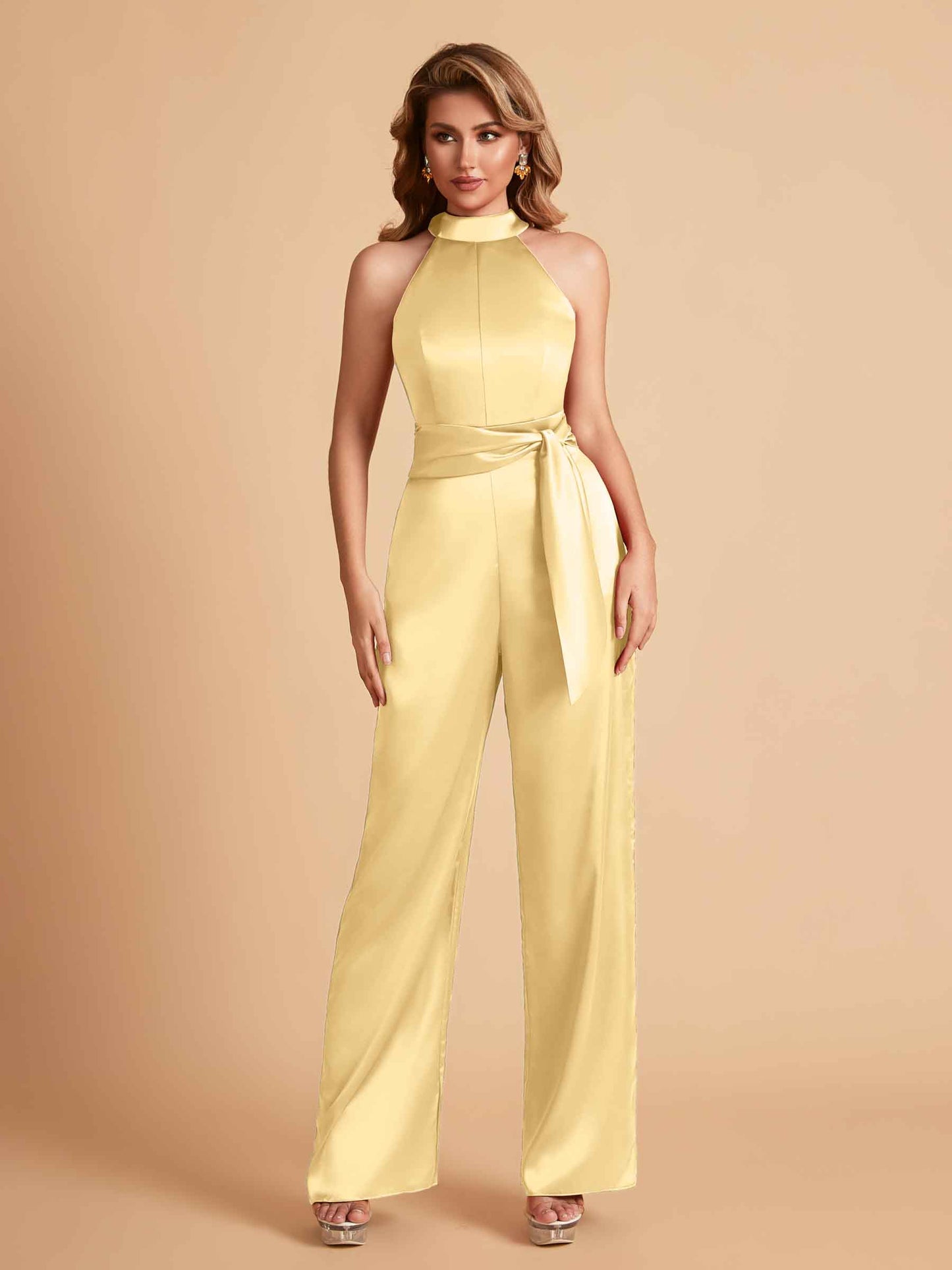 Elegant Satin Halter Sleeveless Satin Floor Length Bridesmaid Jumpsuit