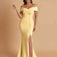 Elegant Soft Satin Mermaid Off Shoulder Side Slit Floor-Length Bridesmaid Dresses
