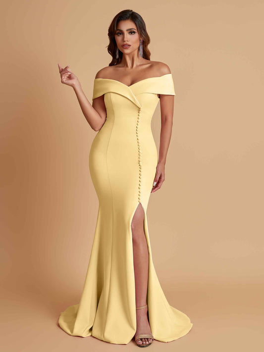 Elegant Soft Satin Mermaid Off Shoulder Side Slit Floor-Length Bridesmaid Dresses