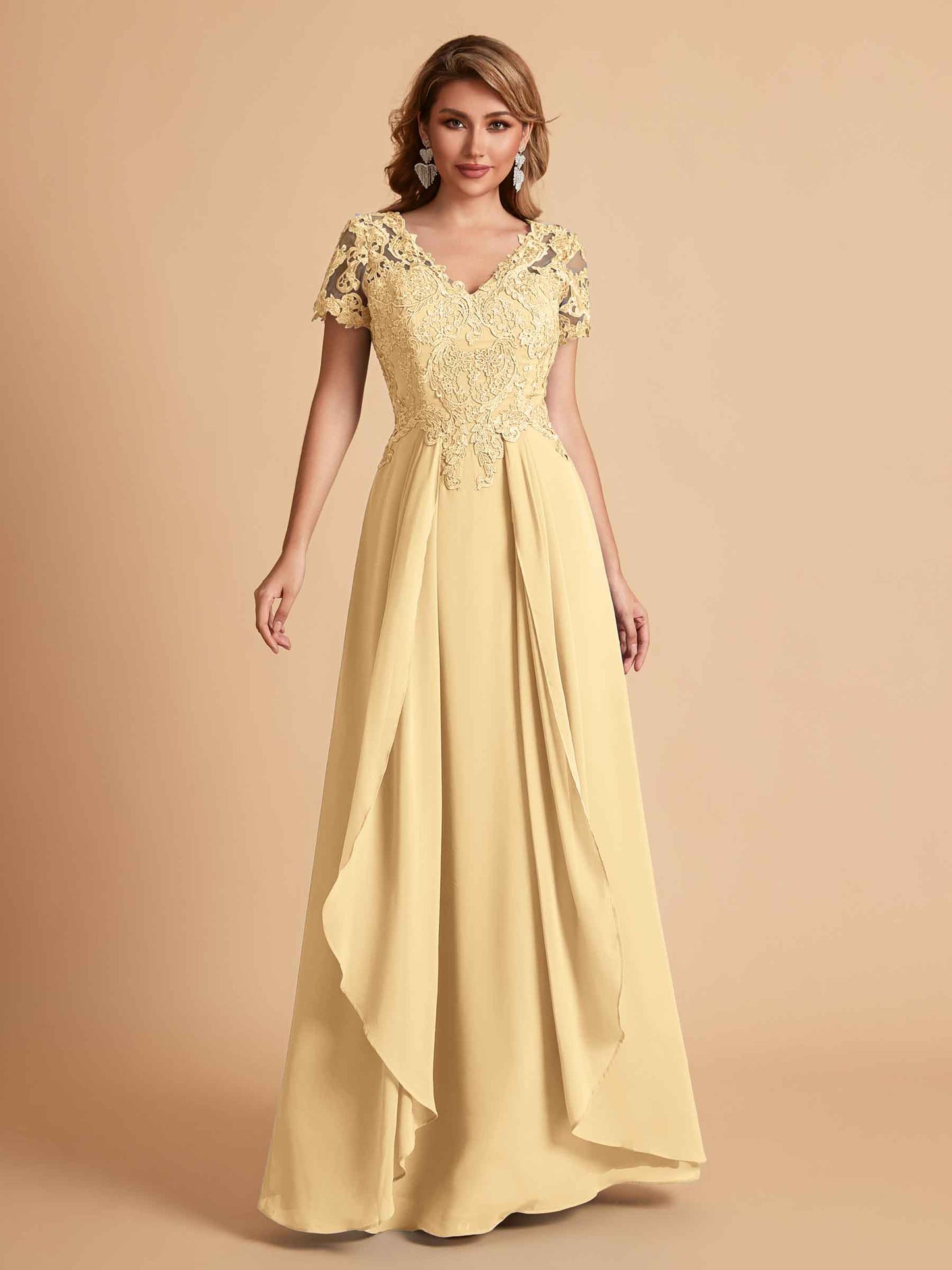 Elegant A-Line Chiffon Short Sleeves V-neck Mother of the Brides Dresses Lace Top MOB Dresses