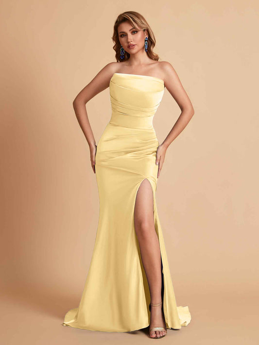 Elegant Satin Straight Neck Mermaid Side Slit Floor Length Bridesmaid Dresses
