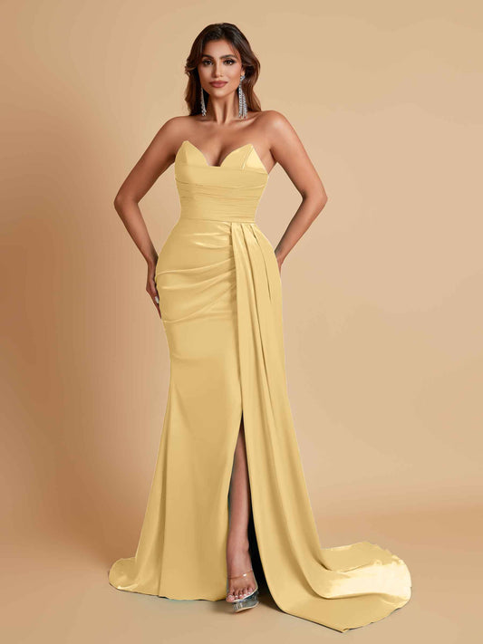 Gorgeous Strapless Soft Satin Side Slit Floor-Length Mermaid Bridesmaid Dresses