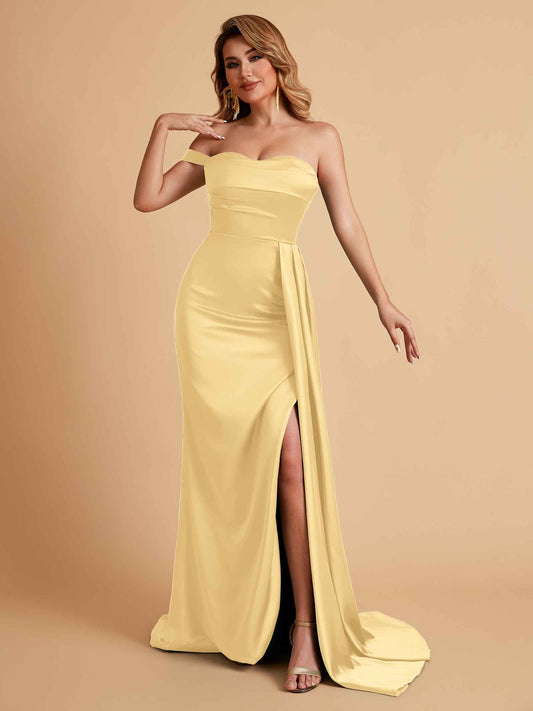Sexy One-Shoulder Sweetheart With Train With High Split Floor-Length Bridesmaid Dresses
