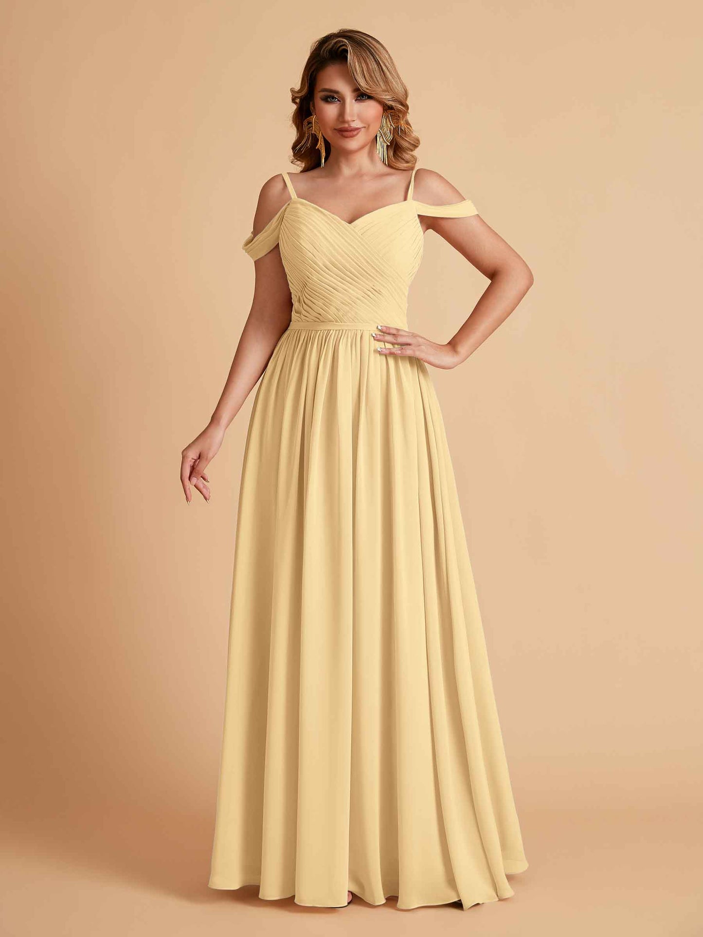 Elegant A-line Chiffon Off The Shoulder V-Neck Bridesmaid Dresses Online