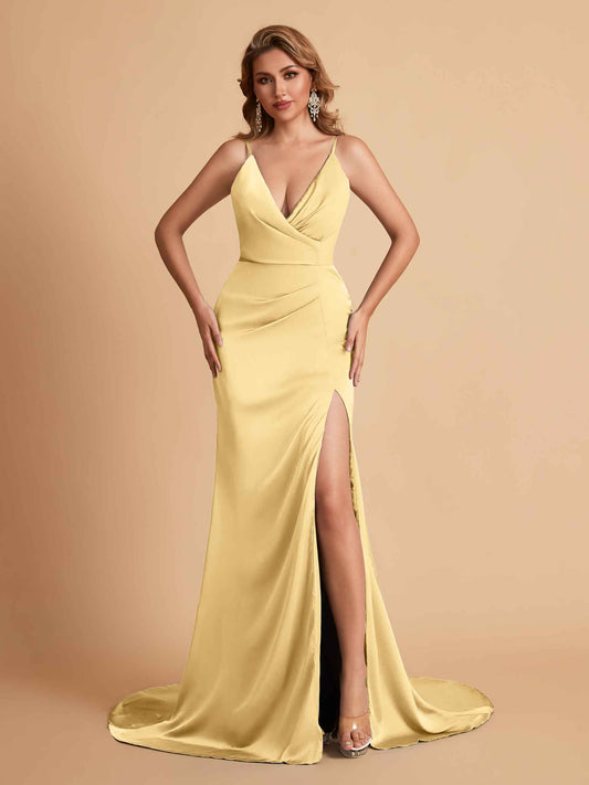 Elegant Satin Spaghetti Straps V-Neck Mermaid Side Slit Floor Length Bridesmaid Dresses