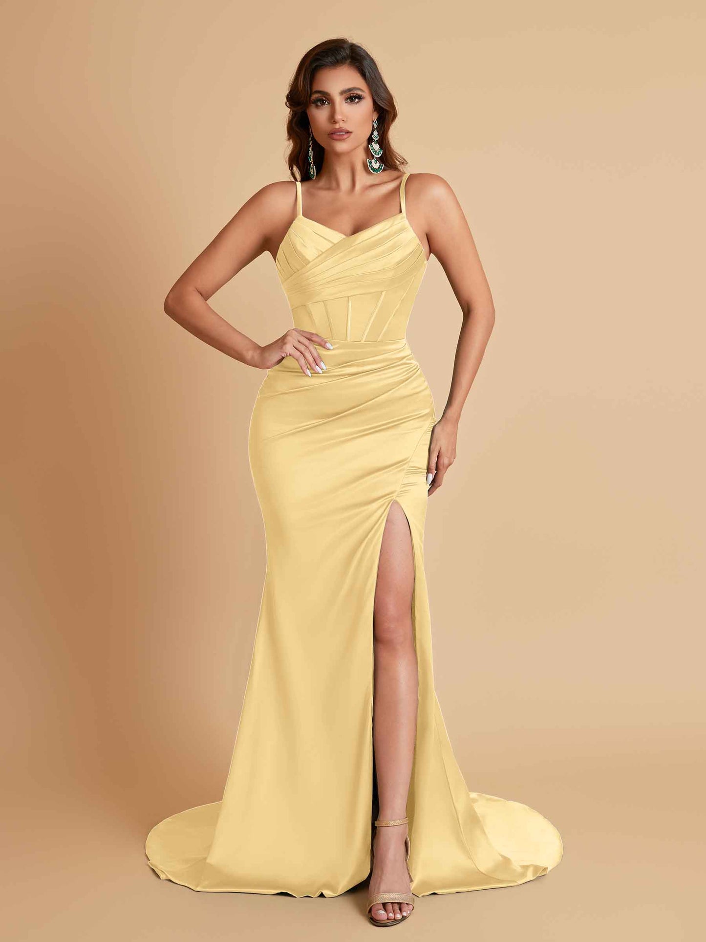 Sexy Spaghetti Straps V Neck Soft Satin Side Slit Floor-Length Mermaid Bridesmaid Dresses