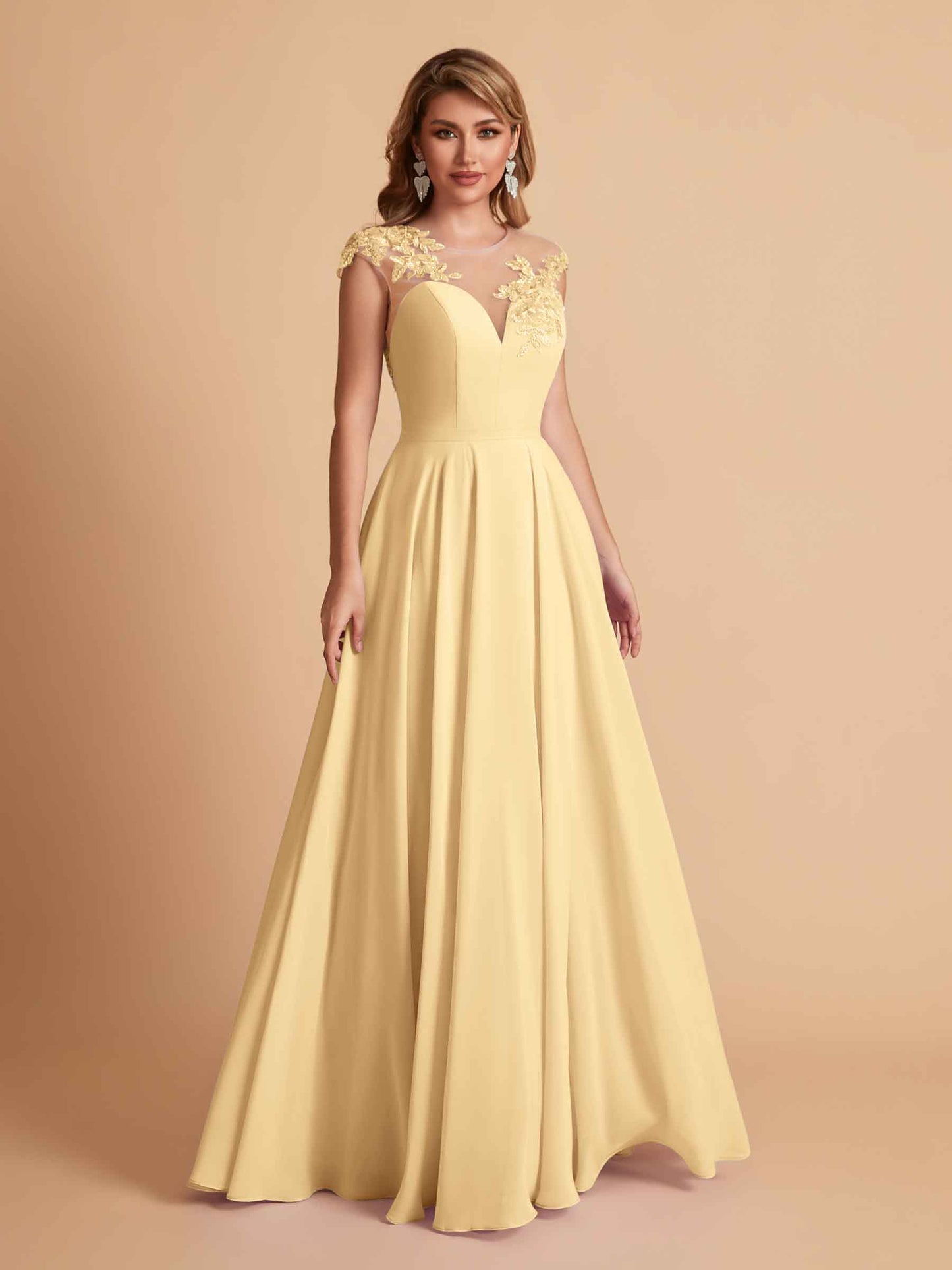 Chiffon Illusion Lace Top A-line Bridesmaid Dresses V-neck Floor Length Wedding Guest Dresses