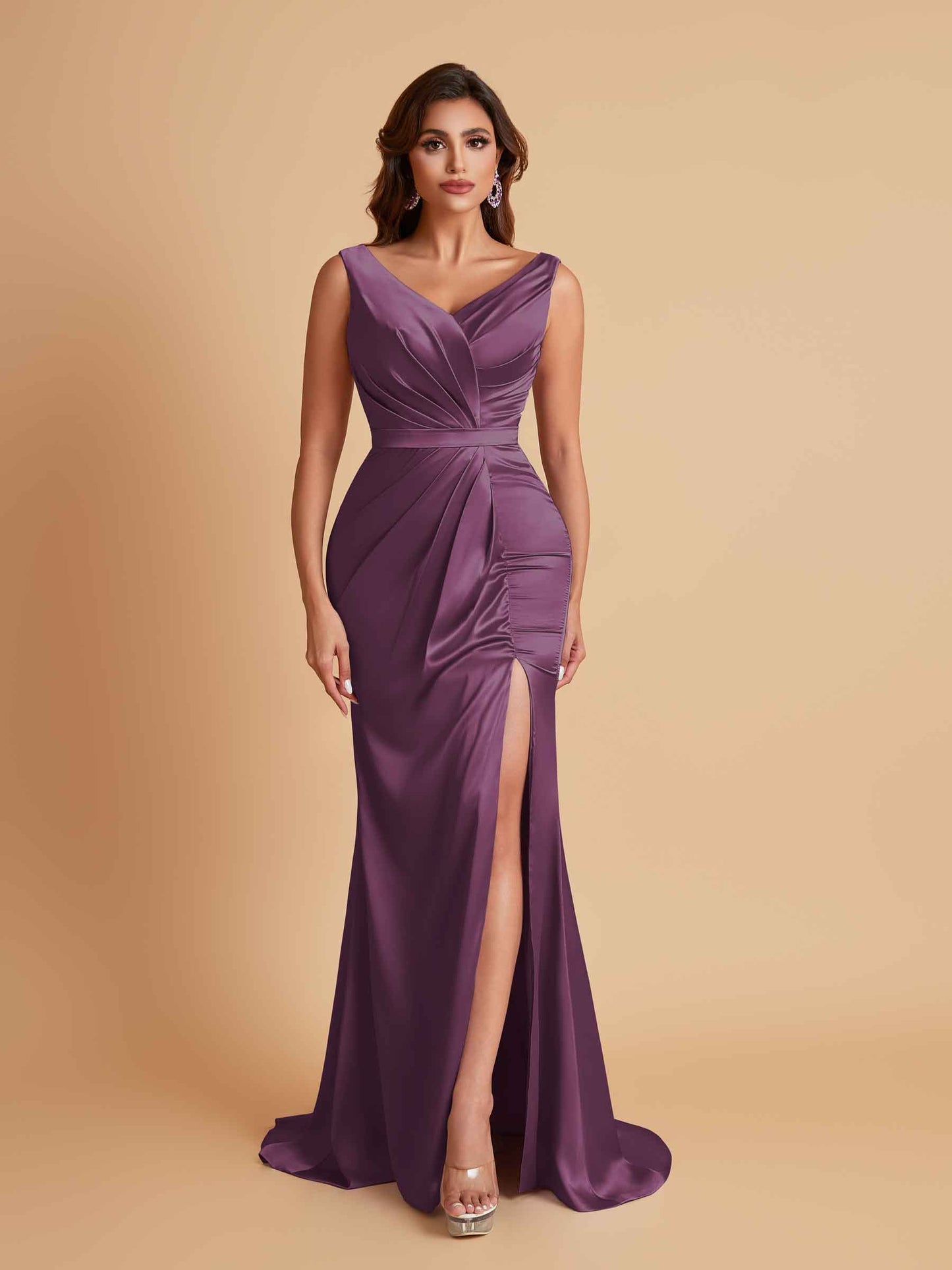 Elegant V Neck Soft Satin Side Slit Floor-Length Mermaid Bridesmaid Dresses