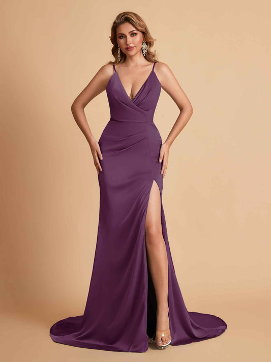 Elegant Satin Spaghetti Straps V-Neck Mermaid Side Slit Floor Length Bridesmaid Dresses
