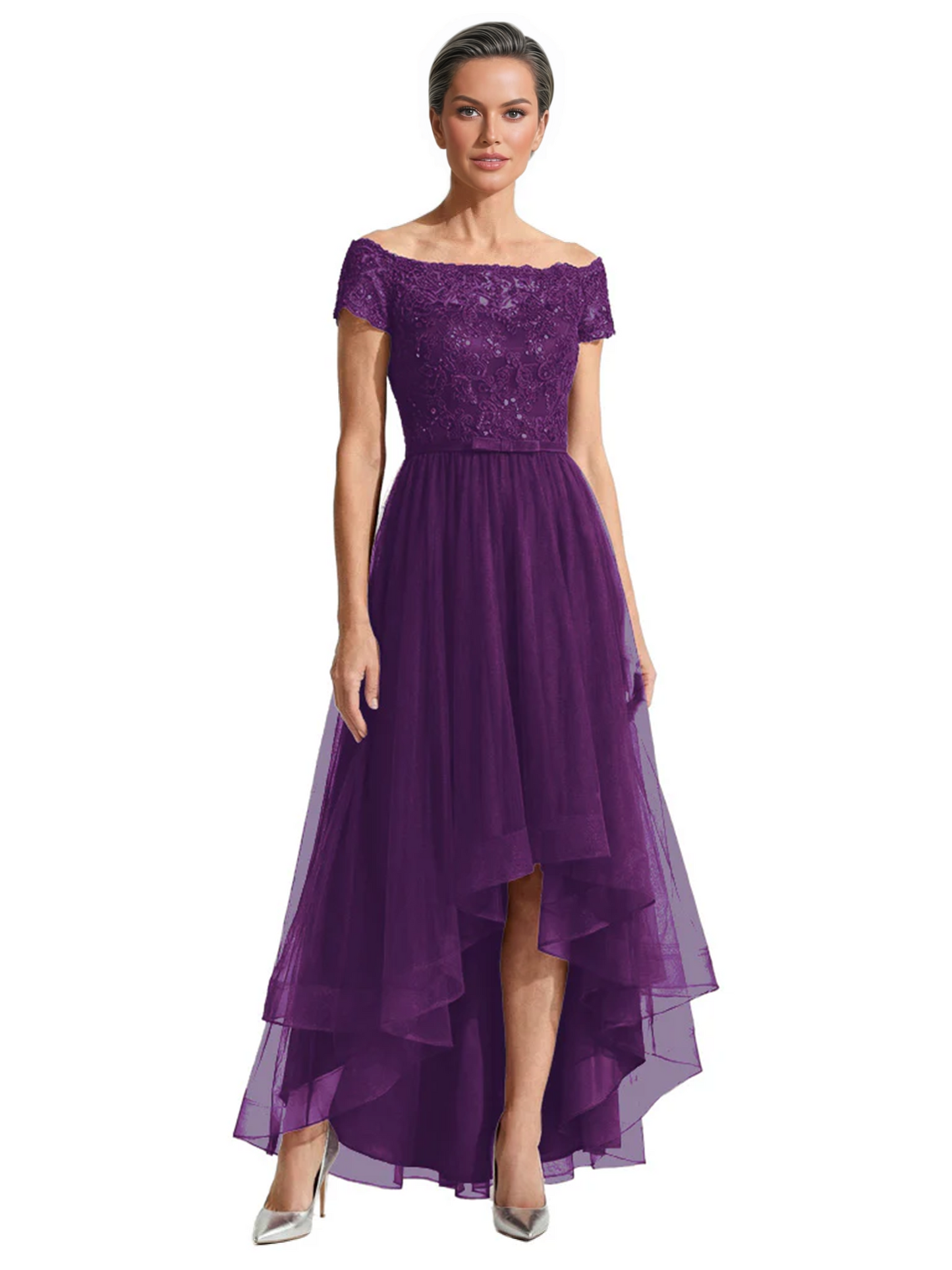 Formal High-Low Mother of the Bride Gown Short Sleeve Lace Maxi Dress with Tiered Skirt