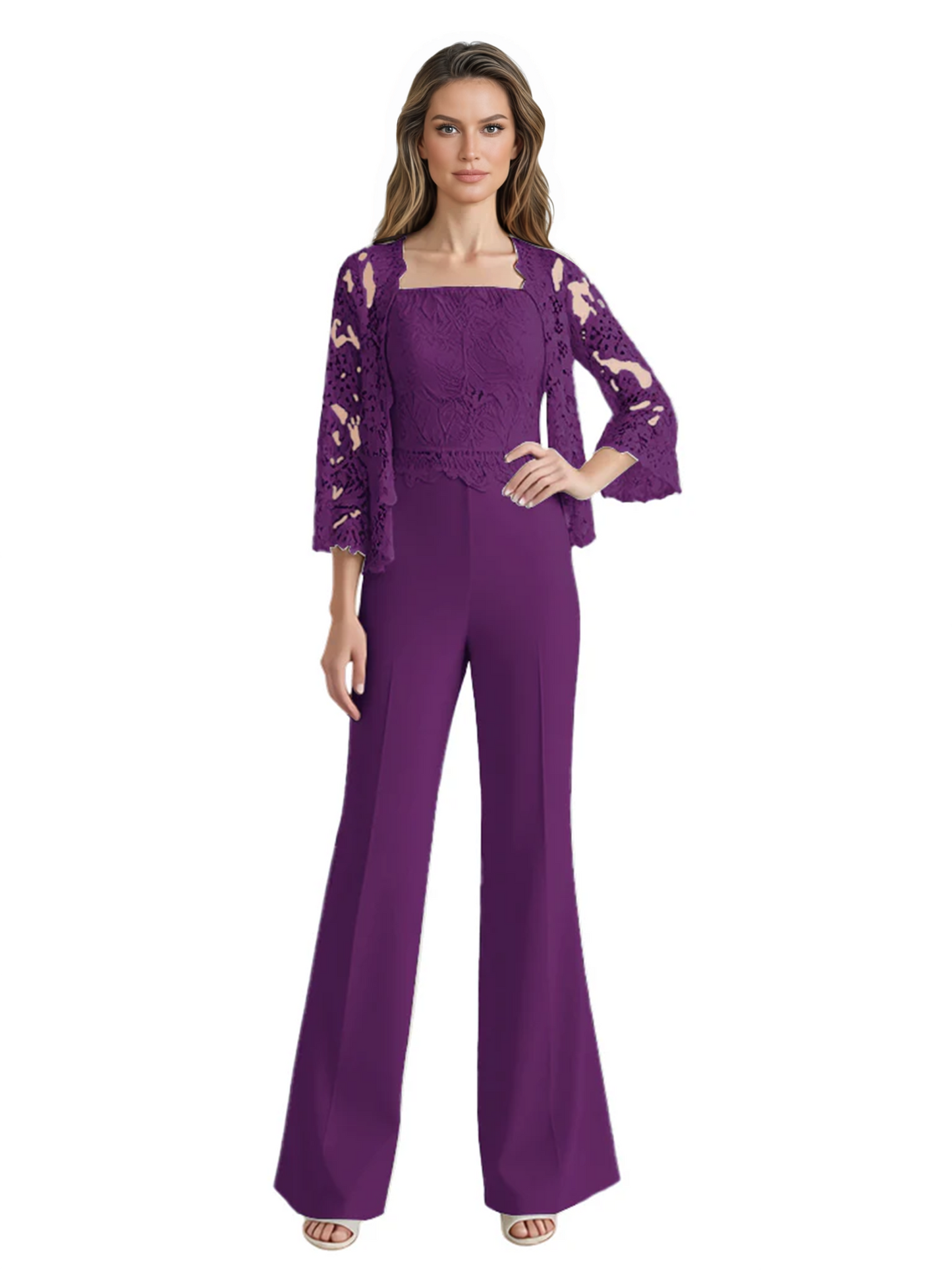 Mother of the Bride Jumpsuit with Lace Jacket 3/4 Sleeve Formal Pant Suit