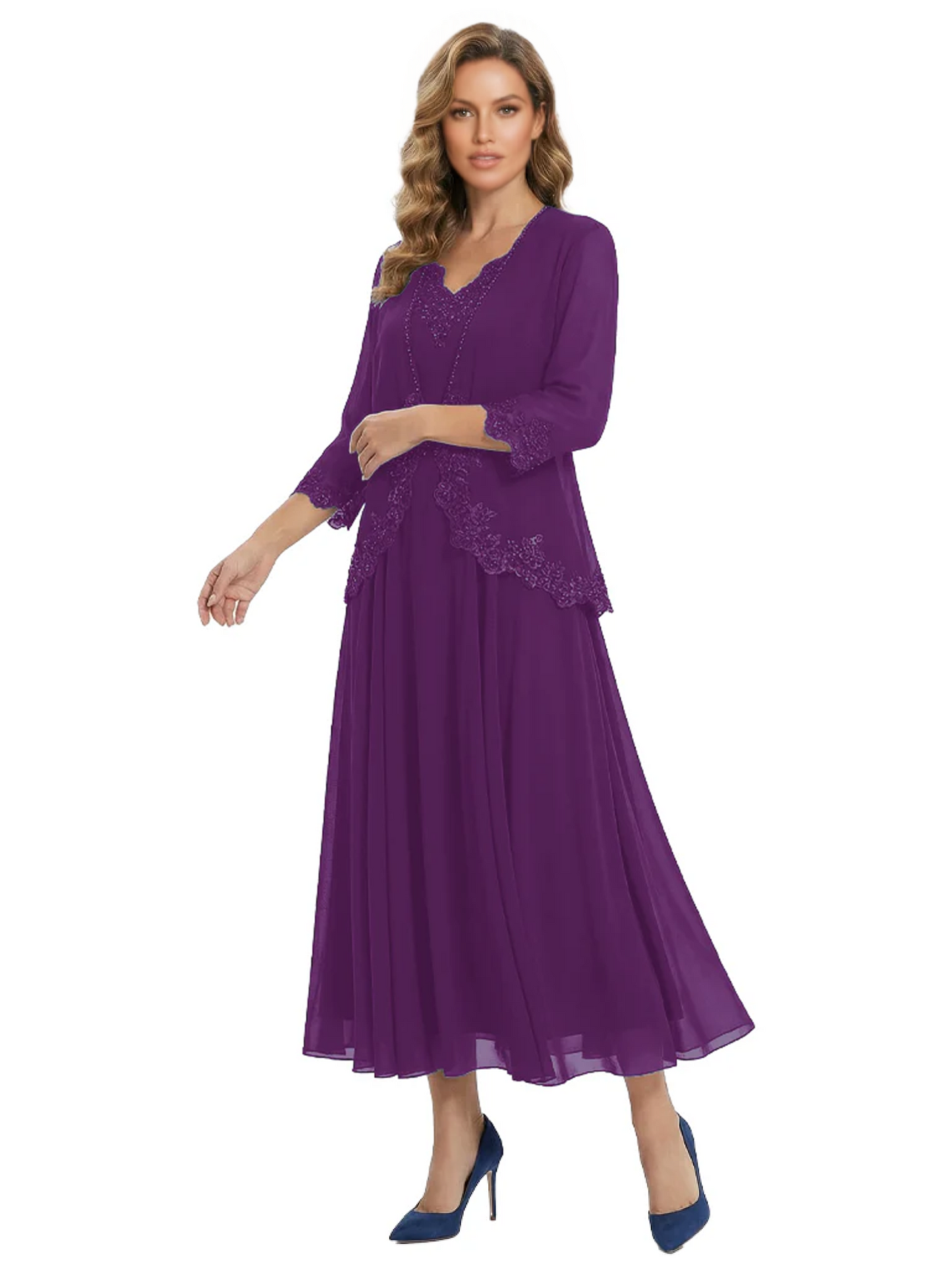 3/4 Sleeve Chiffon Mother of the Brides Dresses V-Neck Wedding Party Gowns