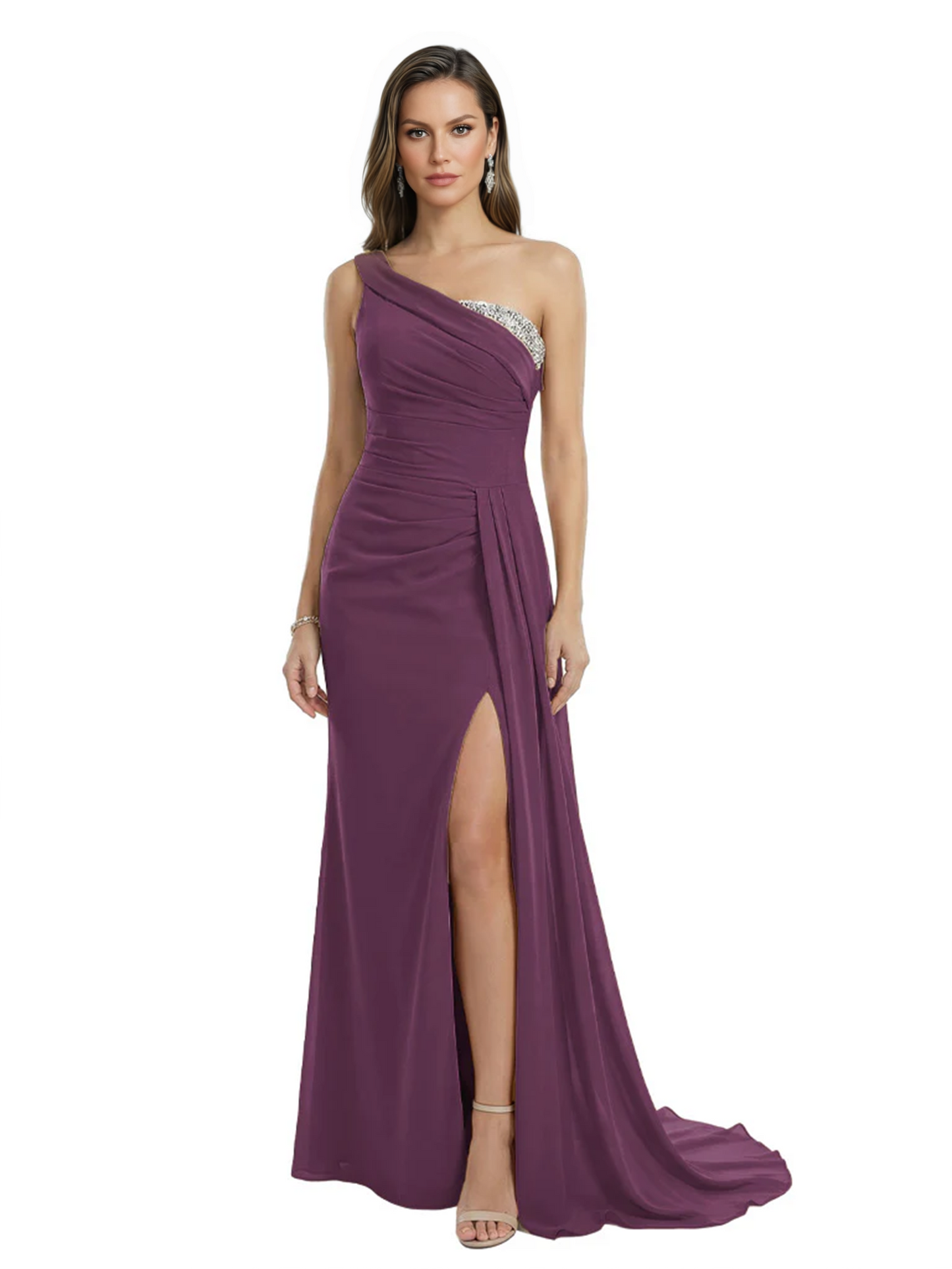 One Shoulder Mother of Bride Dress Ruffle Formal Gowns Mermaid Floor Length Train Slit
