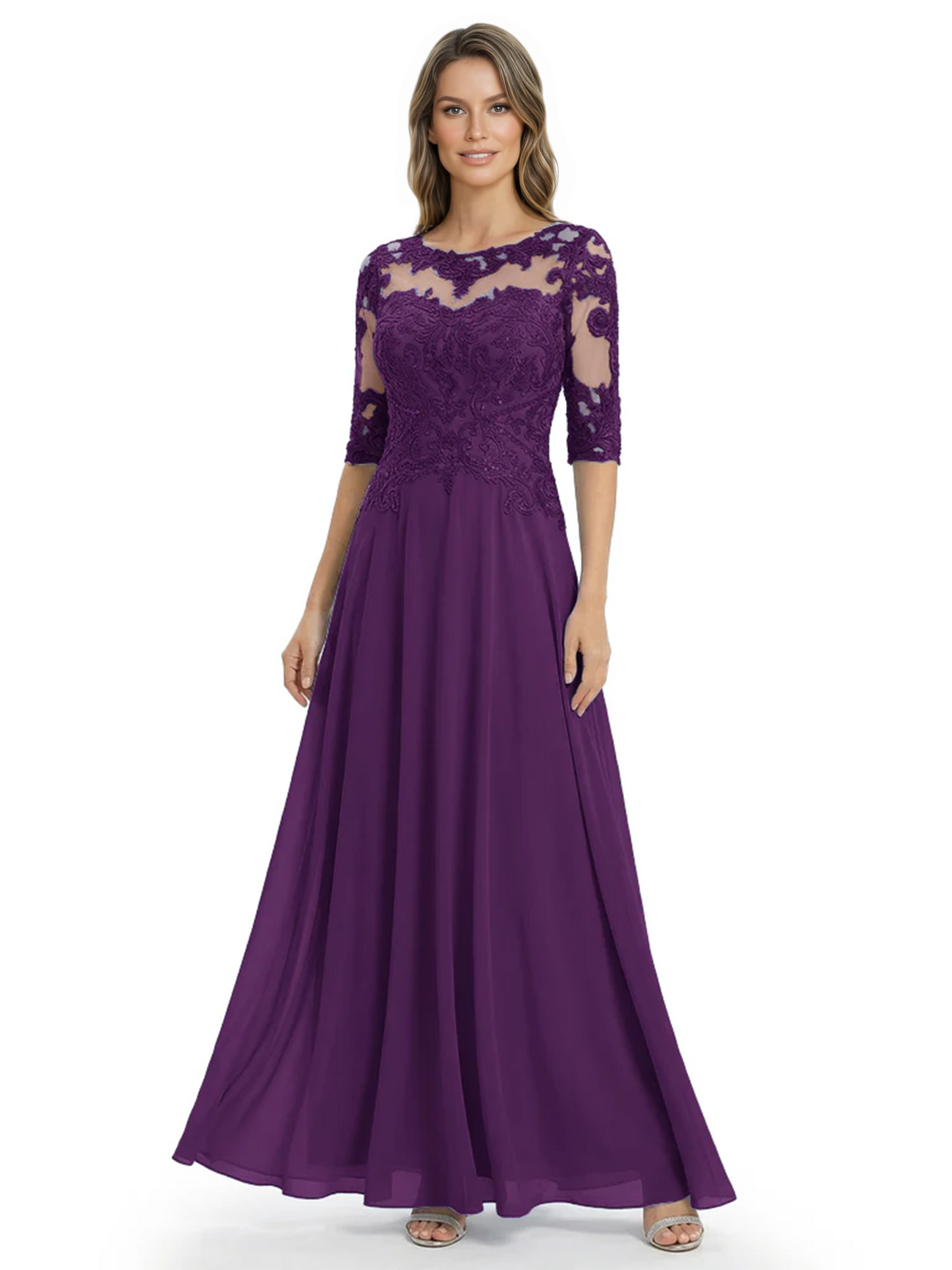 Illusion Neck Mother of the Bride Dress Half Sleeve Lace Applique Gowns Chiffon