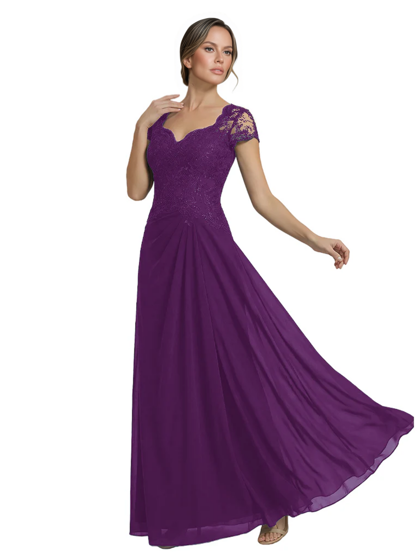 Long A-line Chiffon Short Sleeves Mother of the Brides Dresses Lace Wedding