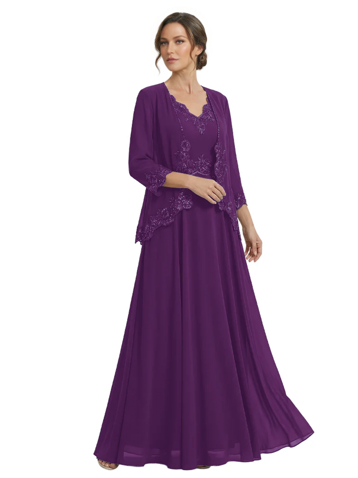 Plus Size A-line Chiffon 3/4 Sleeves Mother of the Brides Dresses Long Jacket Dress
