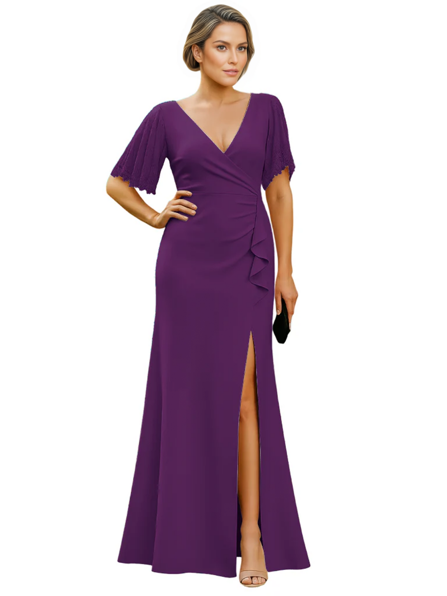 Elegant Evening Gown Trending V-Neck & Ruffle Detail Mother of Bride Outfits Slit