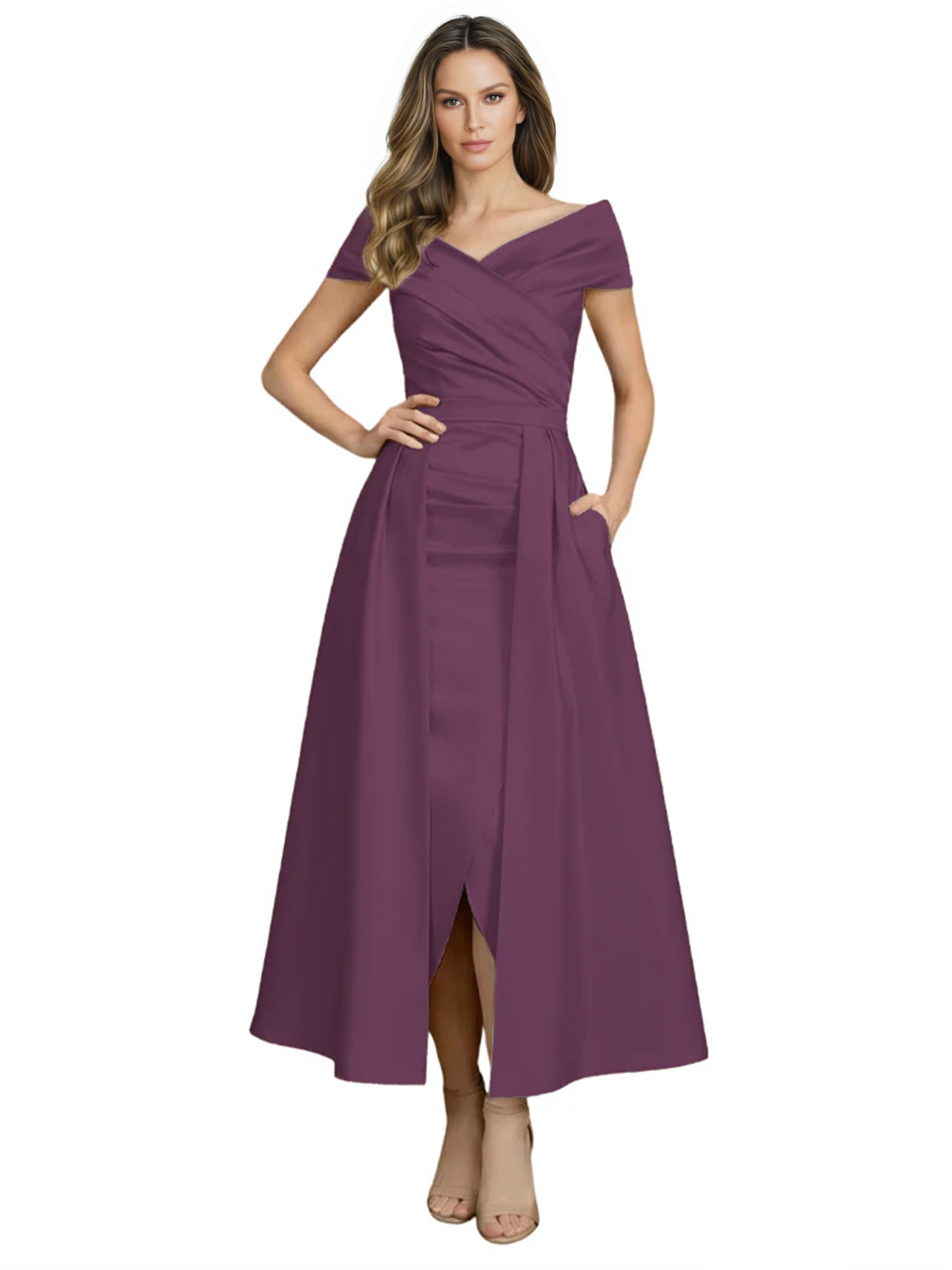 Formal Floor-Length Mother of the Bride Gown Satin Maxi Dress with Slit Off Shoulder