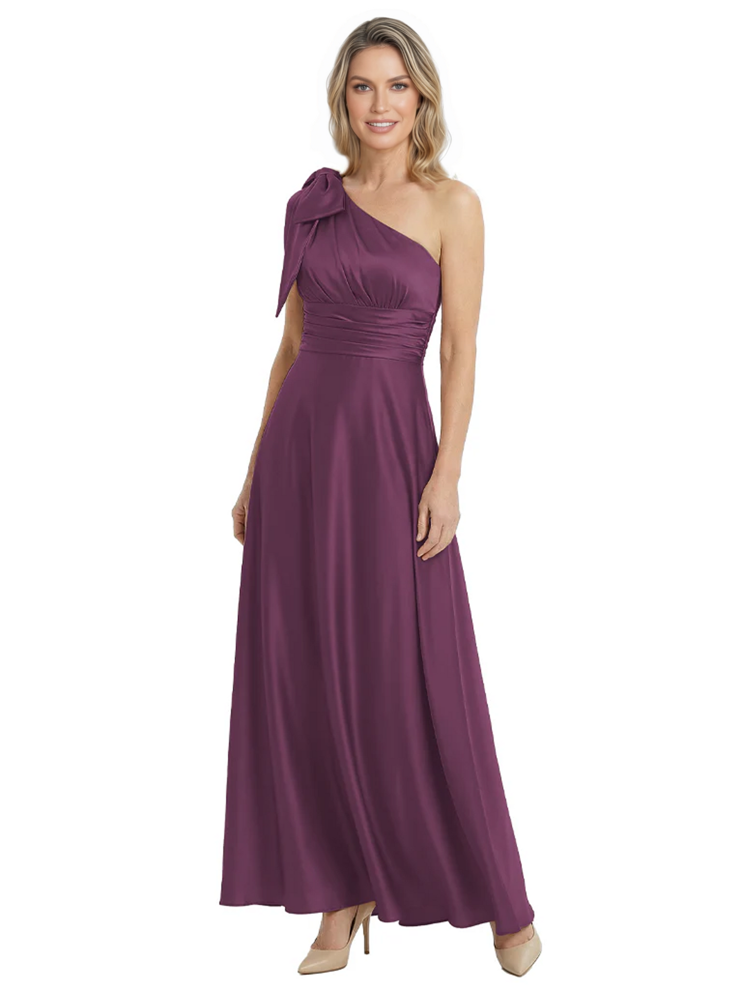 One-Shoulder Mother of the Bride Dress Satin Gown with Bow Ruched Empire Waist