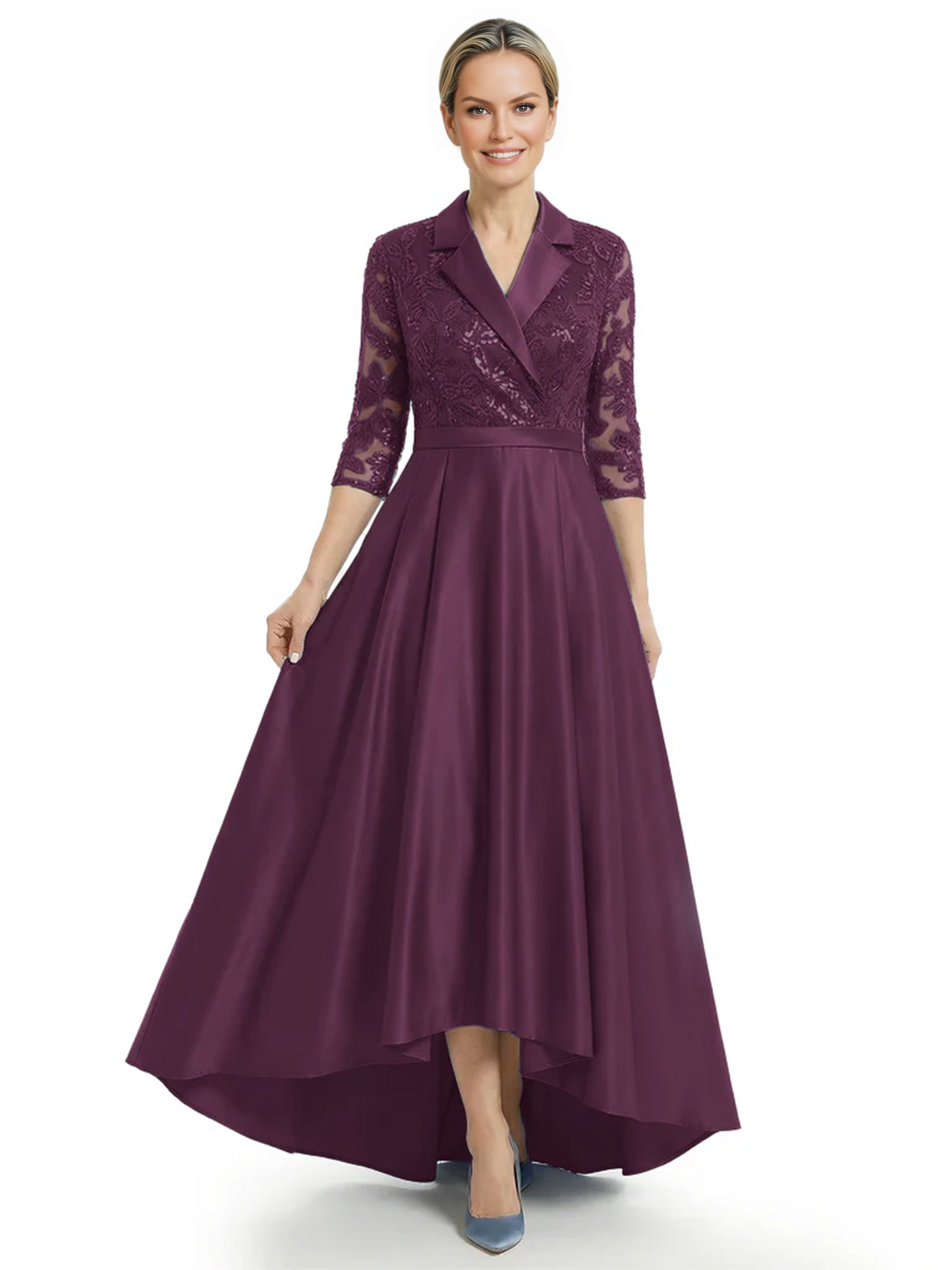 Elegant Mother of Bride Dress Evening Gowns Trending Styles with Lapel Collar 3/4 Sleeves