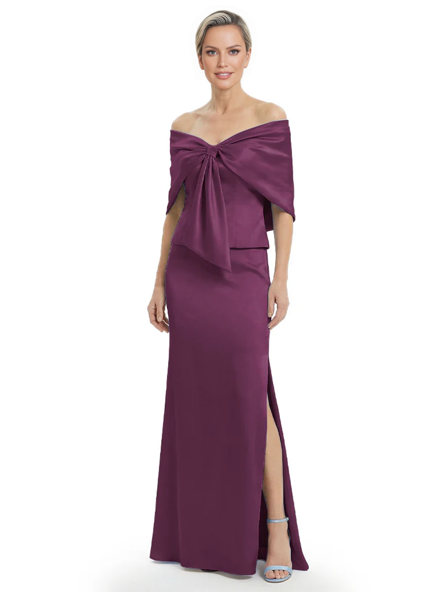 Formal Floor-Length Mother of the Bride Gown Satin Maxi Dress with Bow Neckline