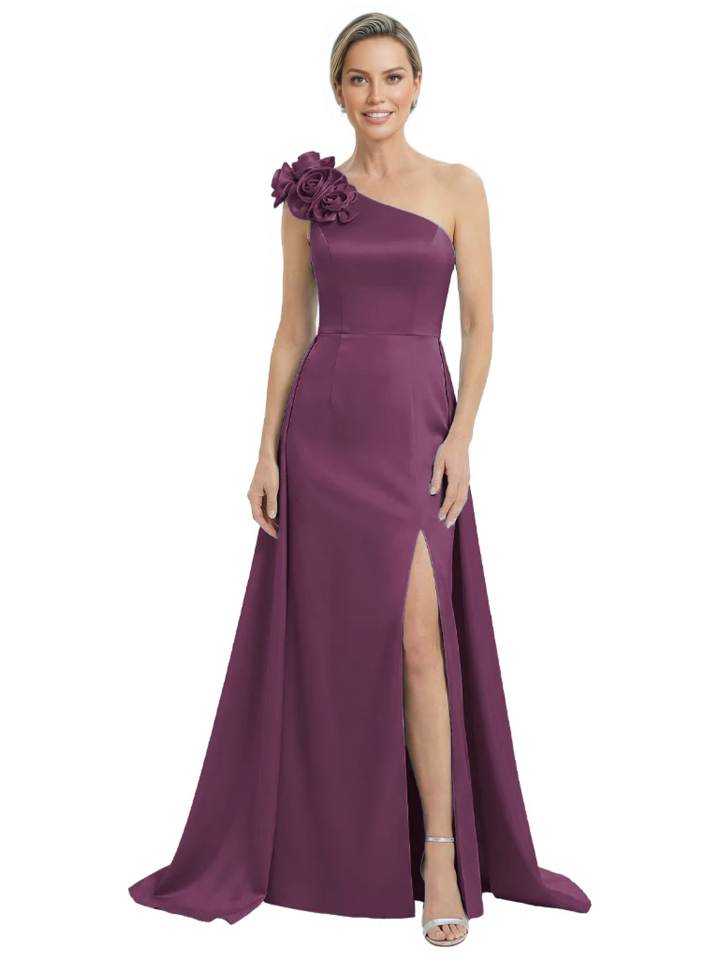 One Shoulder Mother of the Bride Dress with 3D Floral Detail Formal Dress A-Line Gowns with Slit
