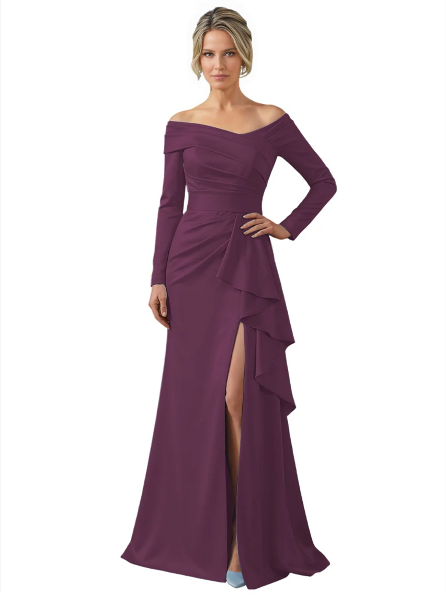 Elegant Mother of the Groom Dress Cascading Ruffle Satin Gown with High Slit Long Sleeves