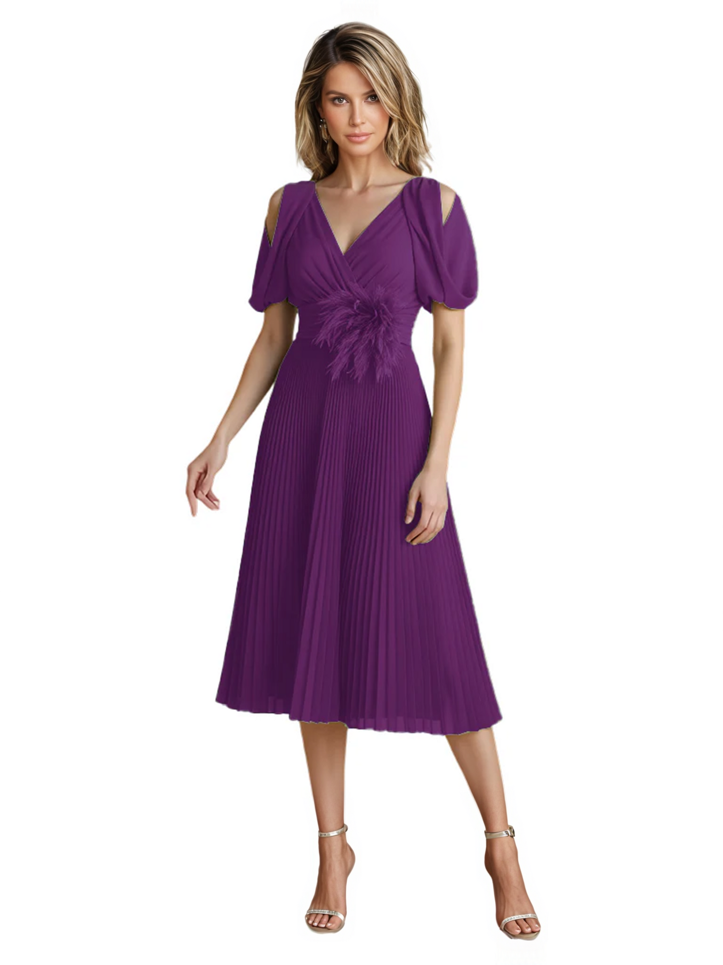 Wedding Formal Dress V-Neck Pleated Chiffon Gown with 3D Flower Accent Knee Length